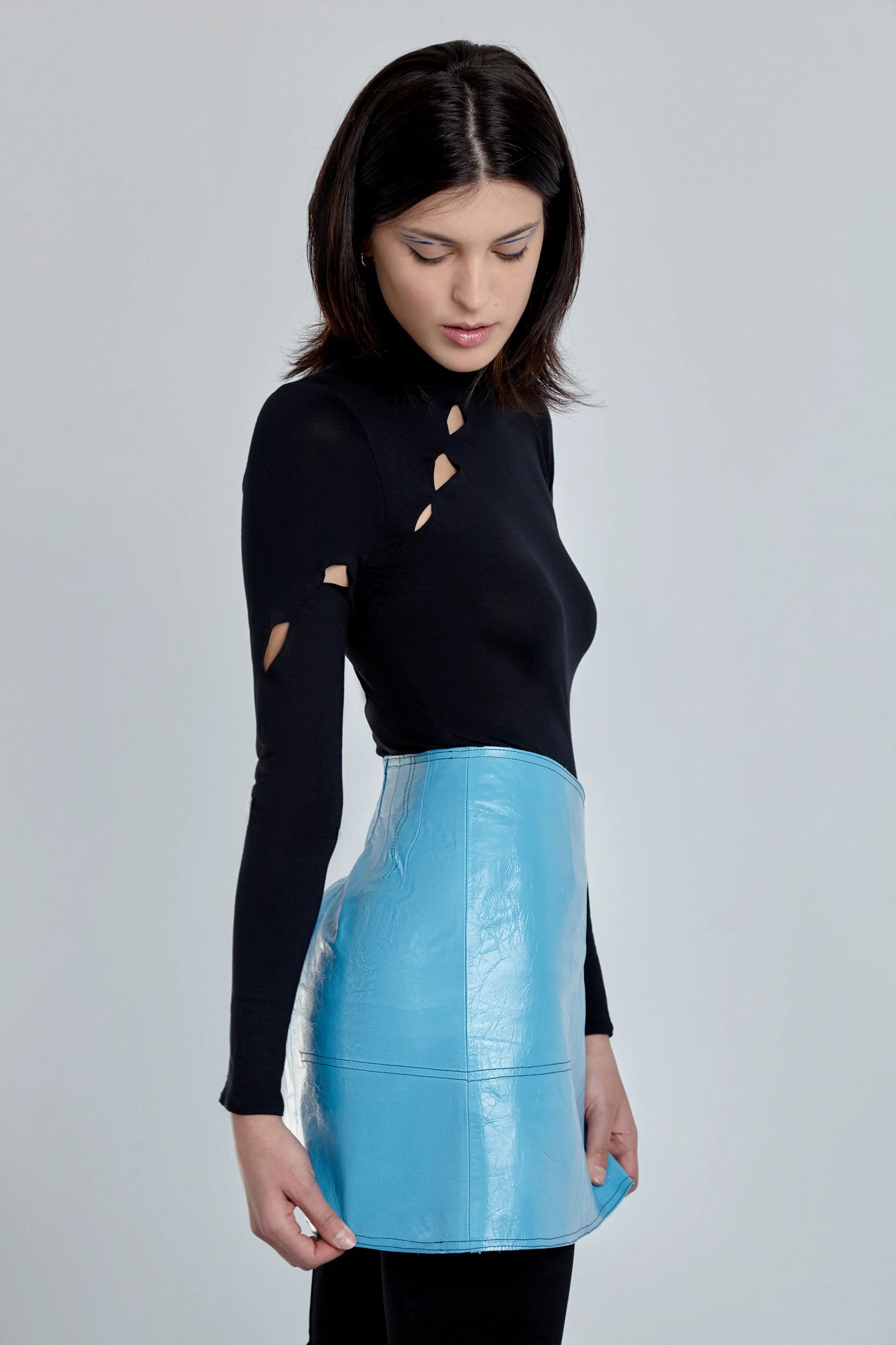 Blue leather skirt